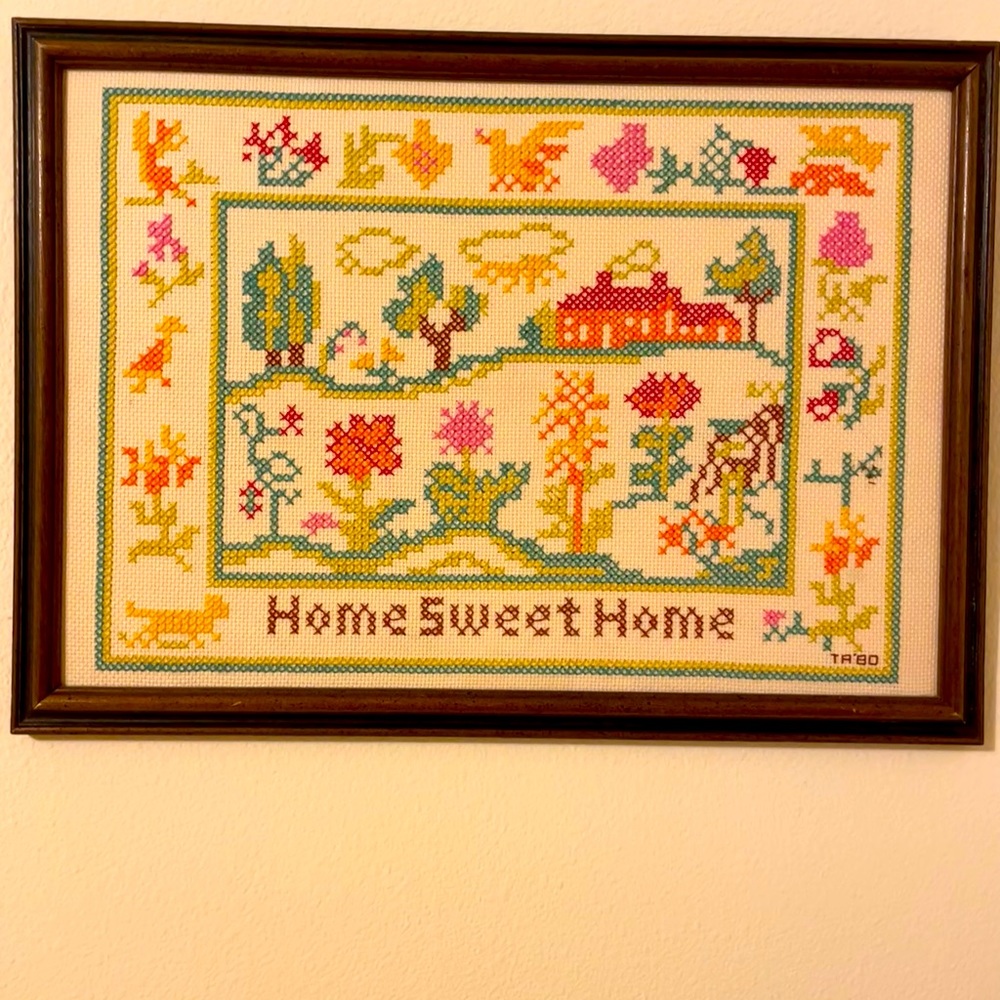 Vintage “Home Sweet Home” needlepoint Crewel 18”x13”
